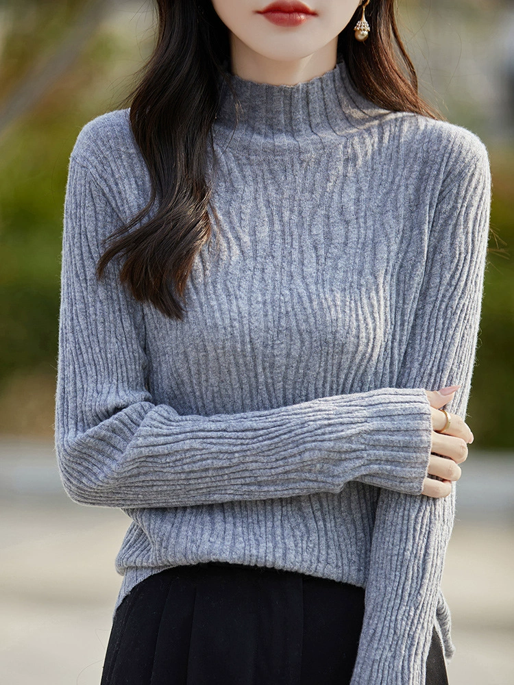 2024 Новый длинный рукав с круглым вырезом и нижним дном для женской одежды тонкий складчатый свитер