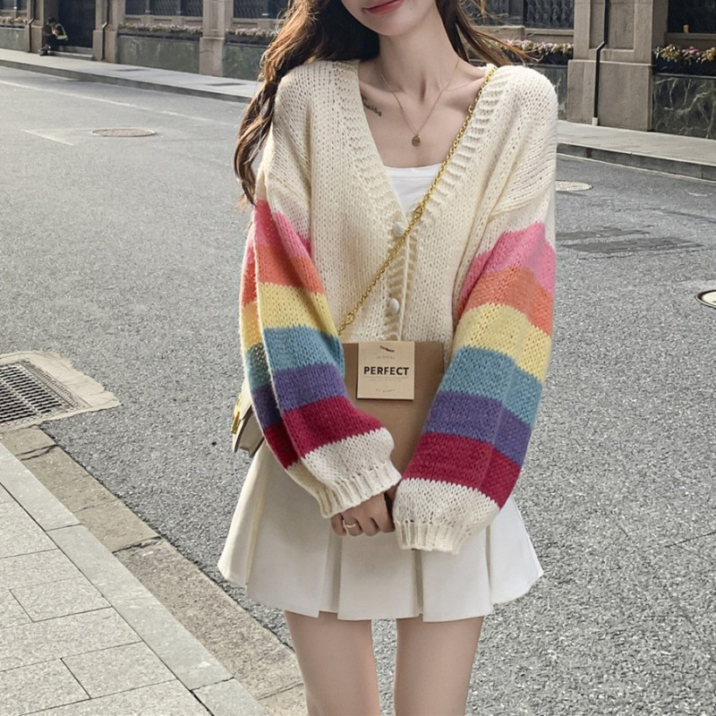 甜美少女风彩虹条纹V领针织开衫女韩系秋冬温柔时尚洋气毛衣外套|undefined