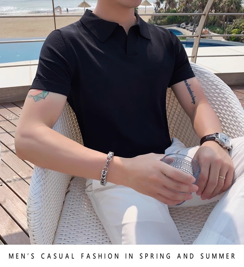 Men's Slim Fit Polo Shirt Silky Cotton Ice Silk Knitted Seagull Collar Short Sleeve Casual Workwear Trendy Sweatshirt_viptrois.com