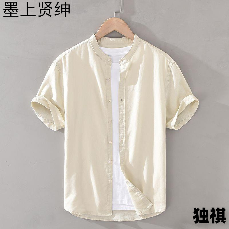Camisa de algodón y lino de manga corta con cuello alto básico de verano japonés Camisa blanca de lino suelta fresca y delgada para hombre