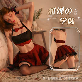 夜歌情趣内衣性感镂空挂脖JK学生百褶短裙制服套装代发学生制服