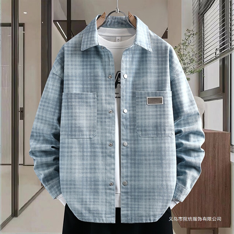 Teenagers' plaid long-sleeved shirt, men's spring and autumn fashion, trendy washed denim