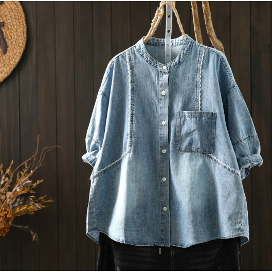 2026 New Summer Women's Shirt with Lace Patchwork, Vintage Light Blue Loose Denim Short-Sleeve Top