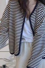 复古慵懒风黑白条纹针织开衫女早秋季大码胖MM宽松毛衣外套上衣女