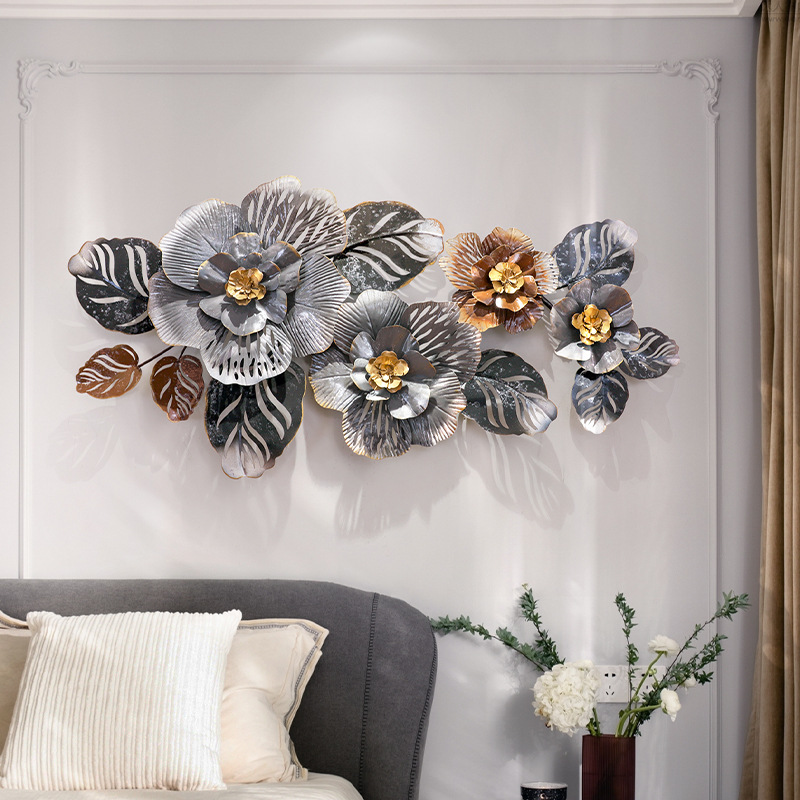 New Chinese three-dimensional porch, iron flower sofa, background, wall decoration, light and luxurious bedside wall decoration, pendant