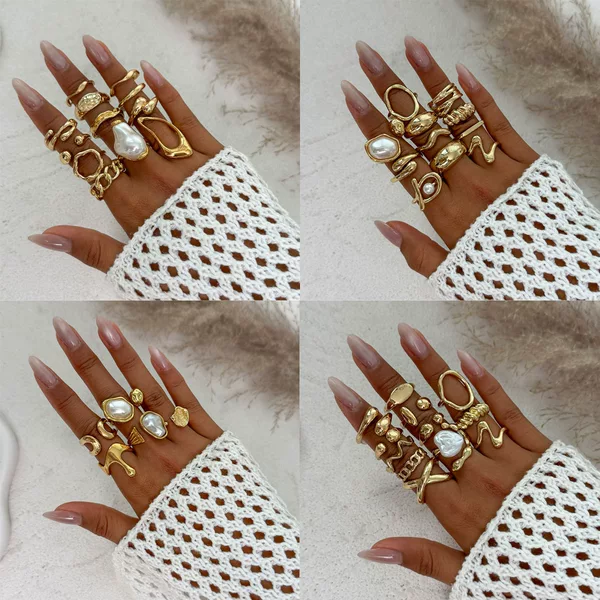 European and American Cross-Border Sweet and Cool Ins Style Geometric Baroque Pearl Ring Set Personalized Liquid Metal Glossy Ring