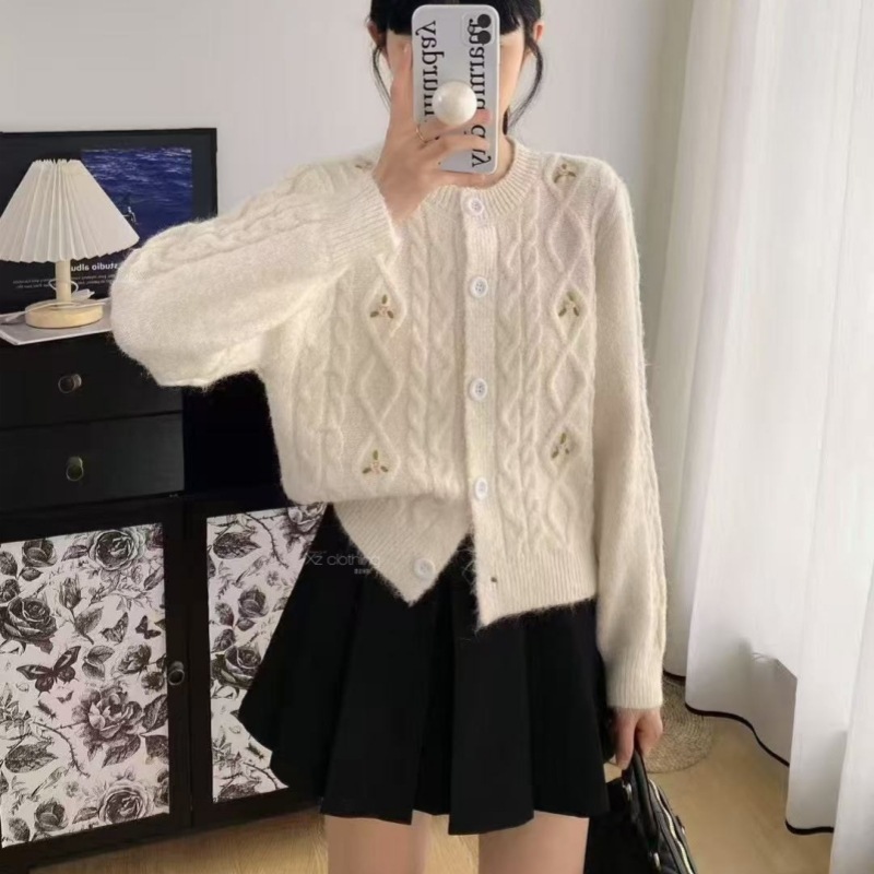 KANING韩版麻花绣花针织开衫2025秋季新款女装慵懒风软糯毛衣外套|undefined