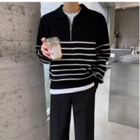Lapel Half-Zip Polo Stripesd Knitwear Men's Fashion Bottoming Knitwear Autumn and Winter Retro Loose Casual Top Lapel Half-Zip Polo Stripesd Knitwear Men's Fashion Bottoming Knitwear Autumn and Winter Retro Loose Casual Top