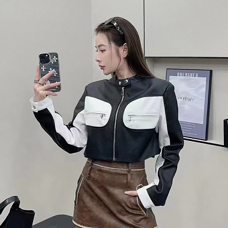 Internet Celebrity Same Style 2025 Spring New Hot Street Girl Zipper Pocket Black and White Color Biker Leather Jacket Jacket