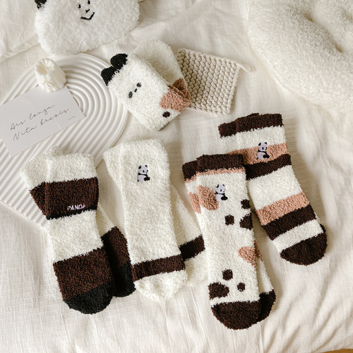 New autumn and winter cartoon panda coral velvet socks for women thickened warm half velvet towel floor home sleeping socks