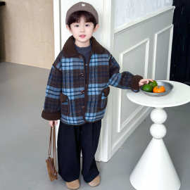 男童格子毛呢外套秋冬装2025新款儿童冬季加绒加厚一体绒呢子大衣