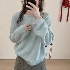 高级感温柔圆领钉珠套头毛衣女秋冬新款慵懒风宽松内搭针织衫上衣