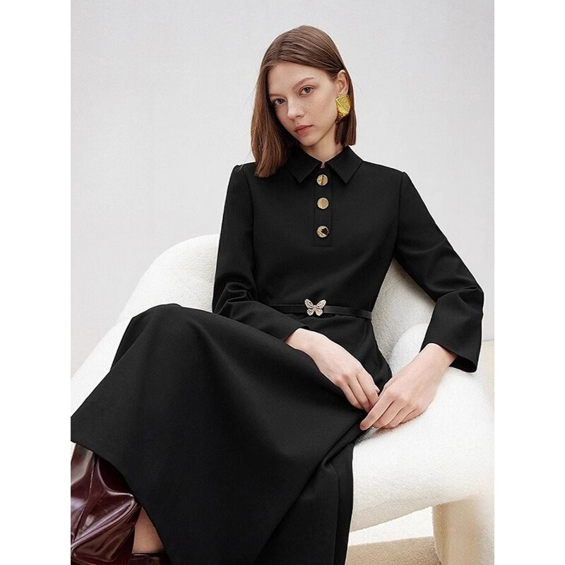 Lang-Style Hepburn-Inspired Waist-Cinching Slim-Fit Elegant Long-Sleeve A-Line Dress, 2026 Spring New High-End Dress