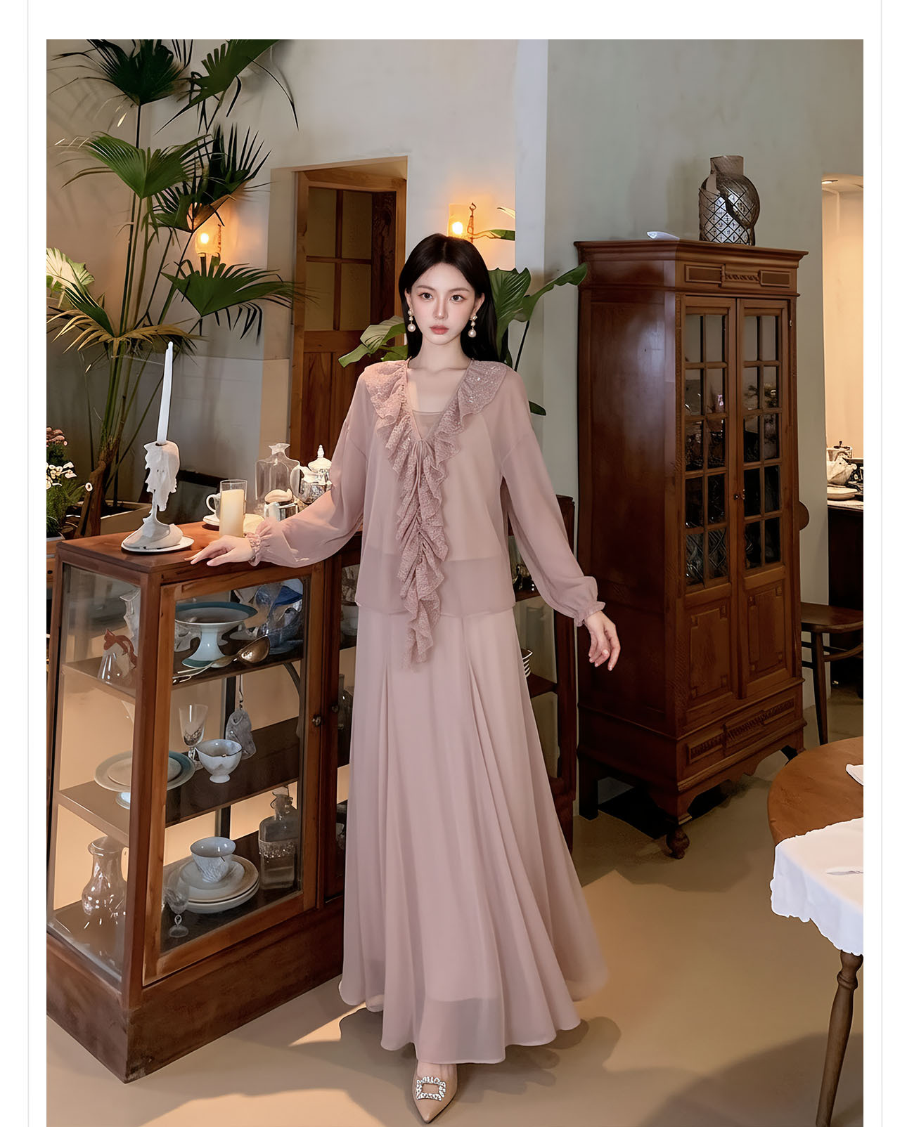 Bộ váy áo sơ mi nữ tay bèo ren + chân váy chữ A xòe phong cách tân cổ điển — Trang chủ, bộ đồ, nửa váy chi tiết 4