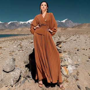BA5215 New V-Neck Long Sleeve Pleated Skirt Heavy Industry Handmade Beaded Elegant Long Dress dress Women's Dress