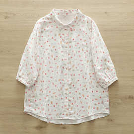 81775清新树叶印花双层棉纱七分袖衬衫女 春装宽松显瘦中袖上衣