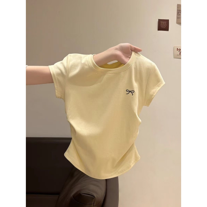 ピュアコットン右肩ラウンドネック半袖Tシャツレディース夏新作プリーツウエストデザインスリムショートプリントトップ|undefined