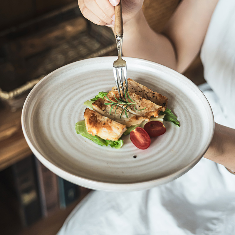 Rujiu serie plato de cerámica poco profundo plato retro vajilla para el hogar plato de patrón de anillo plato plato de carne occidental plato de ensalada plato de verduras