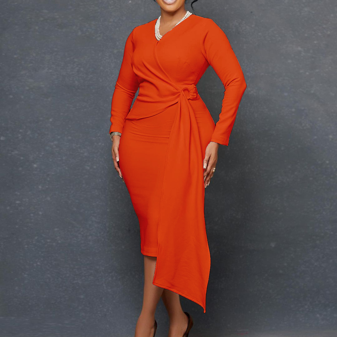 V Neck Neckline Wholesale Women's Elegant Solid Color Banquet V Neck Long Sleeve Sheath Dress