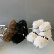 2025秋冬雪地靴平底内增高厚底高跟靴女短靴毛毛靴皮带扣加绒保暖