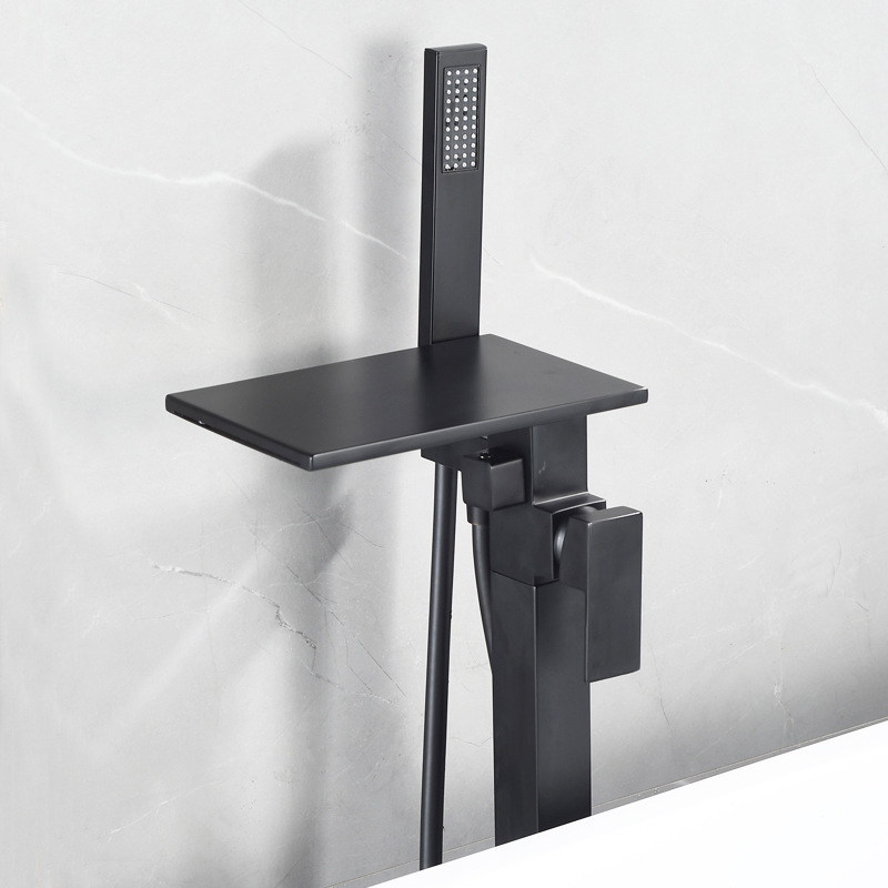 Square black and white gold edge floor-standing waterfall, rotating floor-standing bathtub, faucet, shower head, single handle, upright undefined