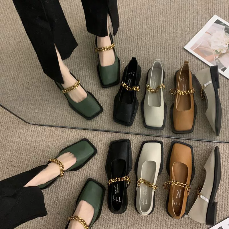 Металлическая цепочка с квадратной головкой в стиле ретро Женская обувь Мэри Джейн 2023 Новая модная универсальная Удобная британская кожаная обувь для женщин