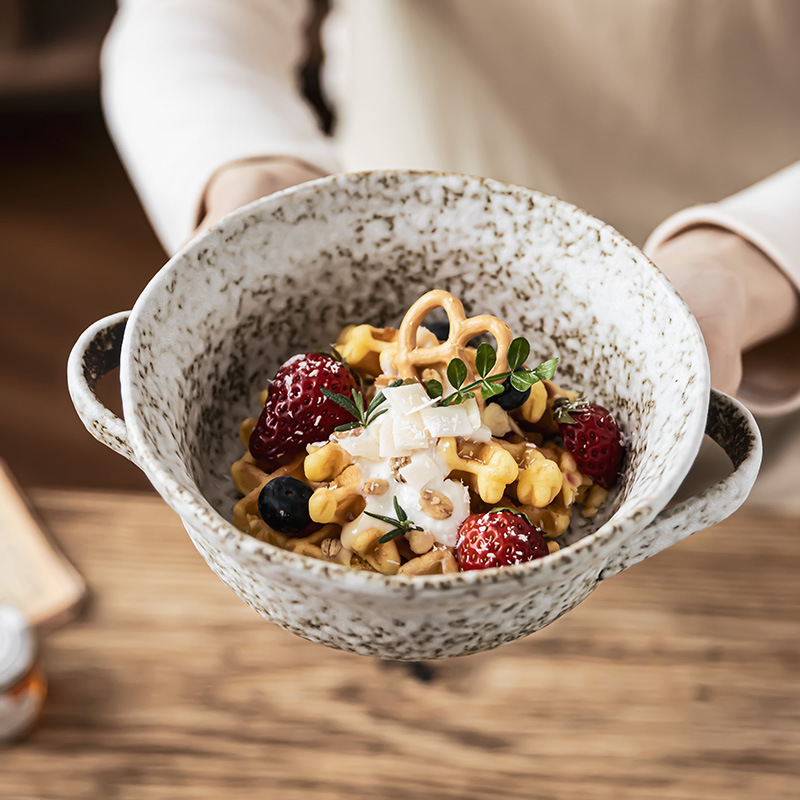 Cuencos de doble oreja de piedra característicos cuencos de cubiertos retro cuencos domésticos al por mayor cuencos de ensalada de frutas cuencos prácticos