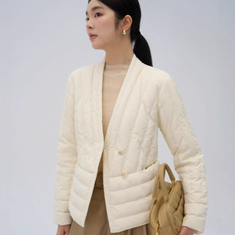 Collarless Lightweight down Jacket for Women, V-Neck Long-Sleeve Inner Layer, Ultra-Lightweight Thin Style, White Duck Down, Inner Layer for Warmth, Base Layer Jacket