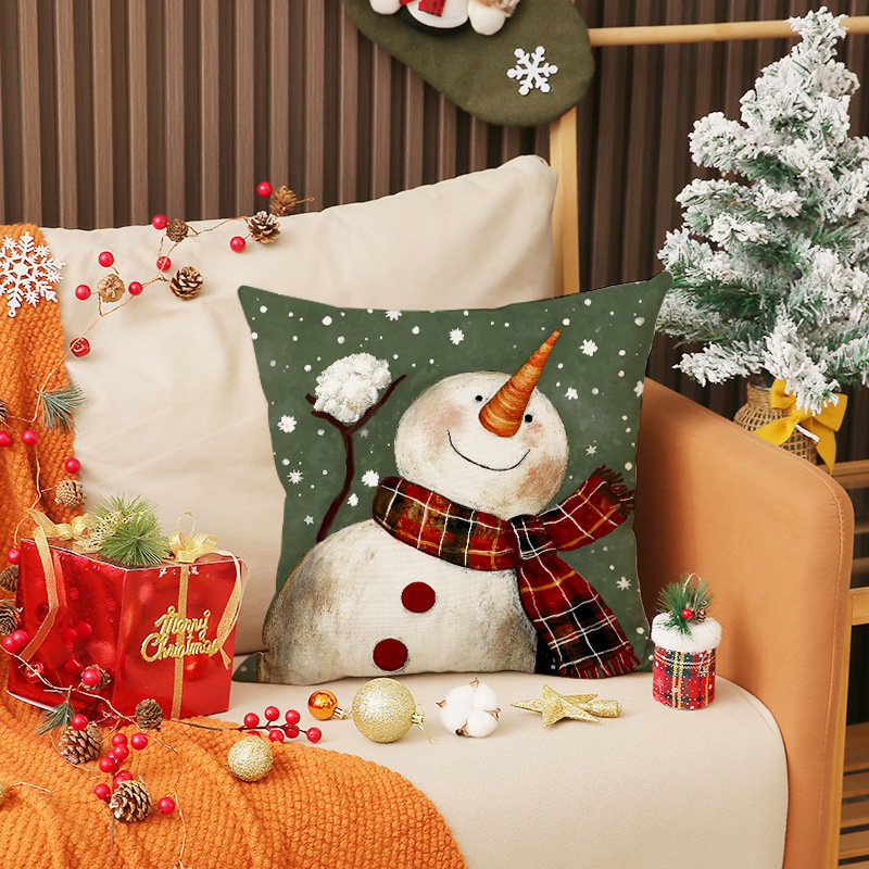 新しいホット販売クリスマス枕カバー雰囲気装飾クッションリネンプリント雪だるま枕カバーリビングルームソファクッション|undefined