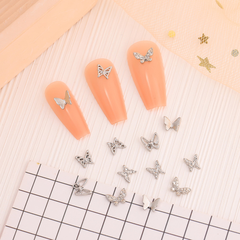 Popular Mini Nail Art Accessories, 10 Pieces, Alloy White K Series, Accessible Luxury Stereo Metal, Versatile Small Butterfly Without Diamonds