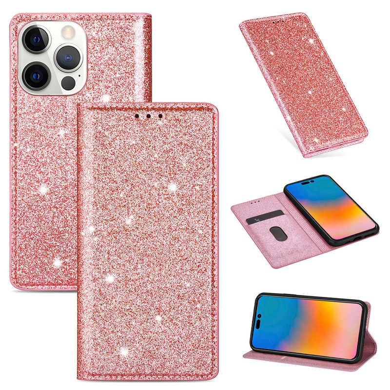 Suitable for Apple 14 glitter magnetic flip leather case 14pro foreign trade women Glitter case 14promax card case