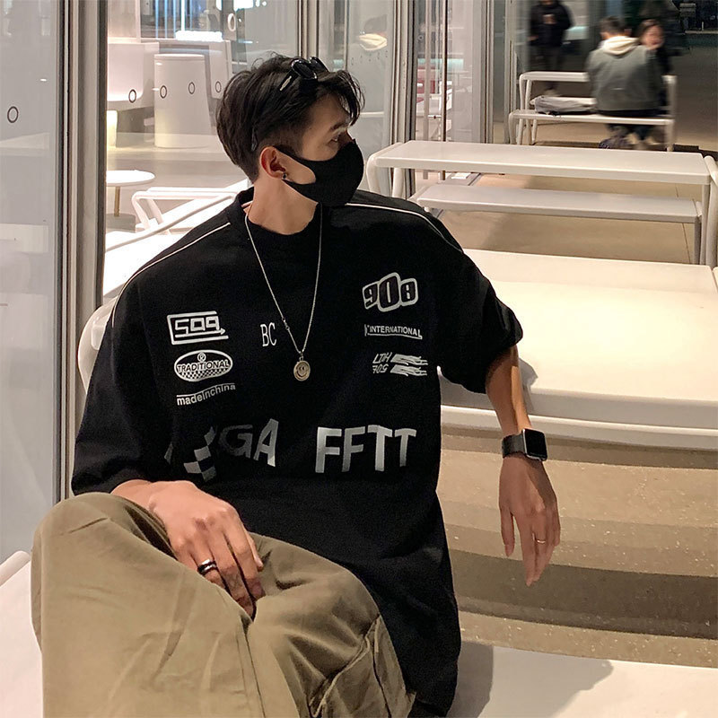 230 グラムヘビーウェイト半袖 Tシャツメンズ 2025 夏の新しいアメリカのトレンディなブランドオートバイの服ルーズ大きいサイズ半袖 Tシャツ|undefined