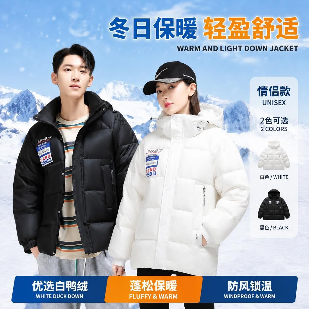 2026 Winter Men's Down Jacket, Korean Style, Loose Fit, Hooded, White Duck Down Warm Coat, Thickened Top for Teenagers