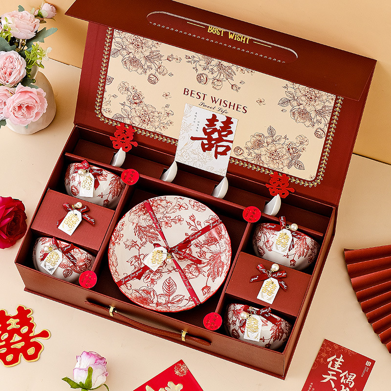 Newlywed Gift Box Ceramic Bowl and Plate Set Wedding Gift Bowl and Chopsticks Tableware Practical Gift Box for Opening Ceremony and Anniversary