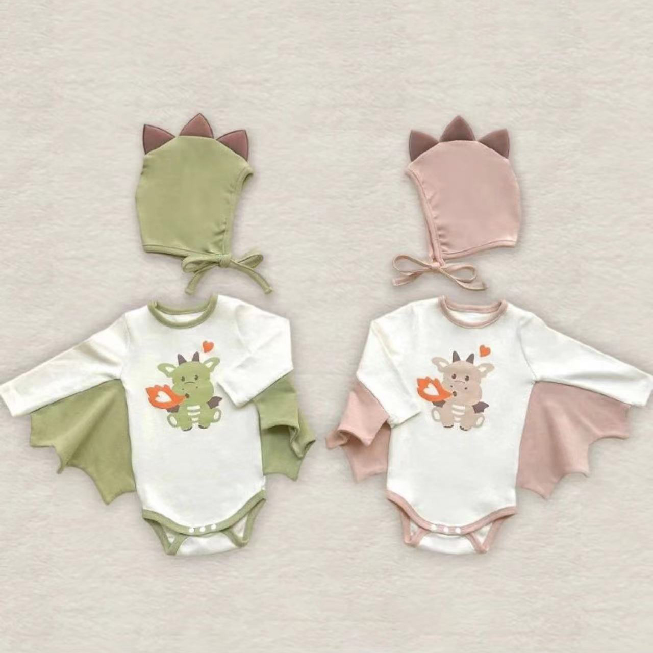 2024春季韩版婴儿连体衣ins款恐龙造型印花哈衣宝宝包屁衣套装