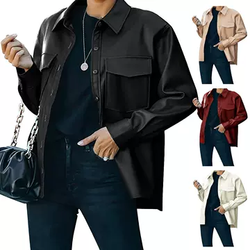 European and American cross-border women's wear women's breast bag button casual short long sleeved suit coat artificial PU leather jacket - ShopShipShake