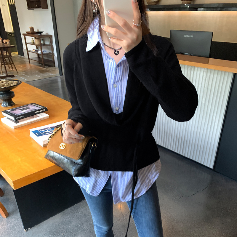 荡领宽松纯色绑带长袖针织衫女秋冬季新款休闲百搭套头外套上衣|undefined
