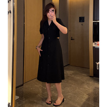 夏季新款赫本风法式时尚气质收腰镂空裙黑色短裙