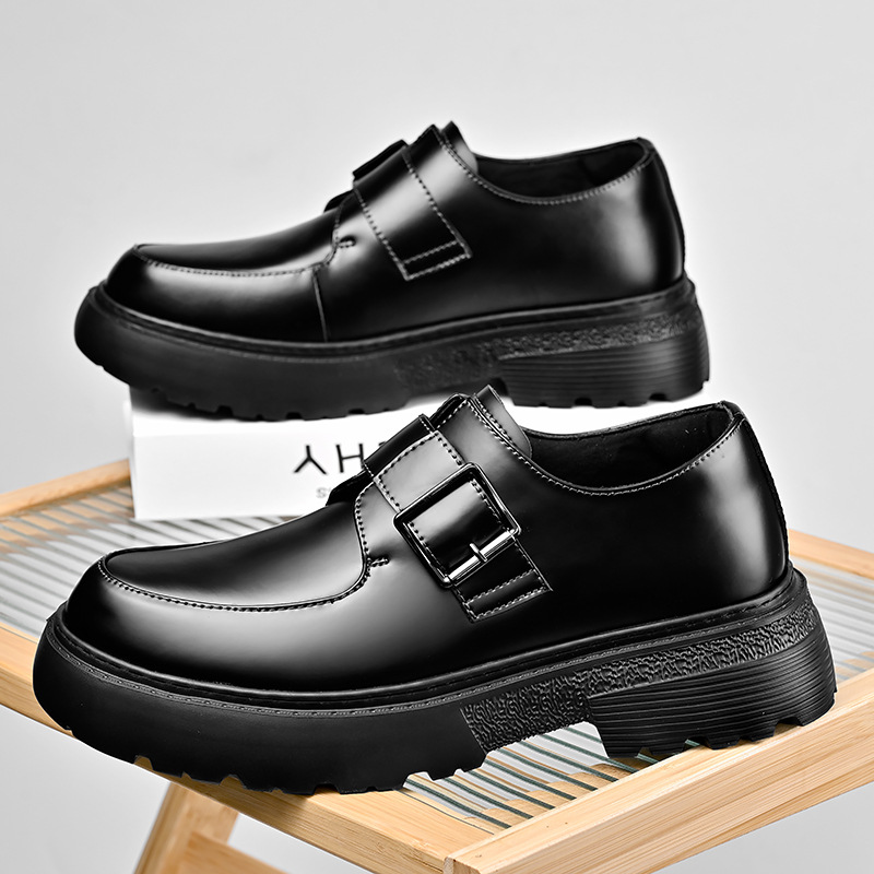 Zapatos de trabajo para hombres 2024 nuevos zapatos de cuero de estilo británico derby de cuero negro universal muffin zapatos de suela gruesa para hombres