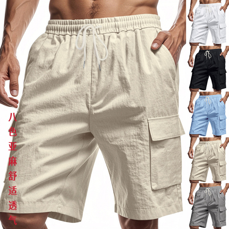 2025 cross-border Amazon summer men's light breathable linen loose tooling multi-pocket casual shorts pants