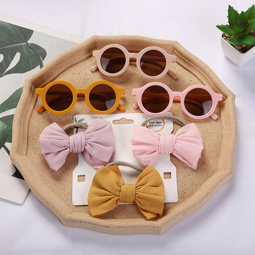 Children's sun lens belt combination set fashionable cartoon baby toy sun visor glasses pit strip cotton solid color hairband