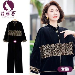 妈妈秋装金丝绒套装中老年女装拉链开衫外套气质2025春秋季两件套