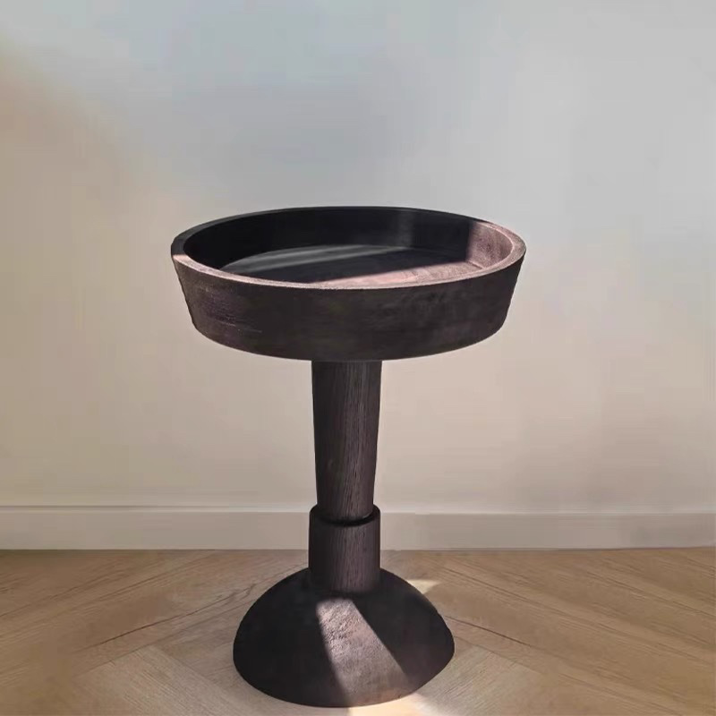 Wabi-Sabi Style Black Solid Wood Round Coffee Table Beside the Sofa, Small Side Table, Homestay Style Floor-Standing Ornaments Decoration