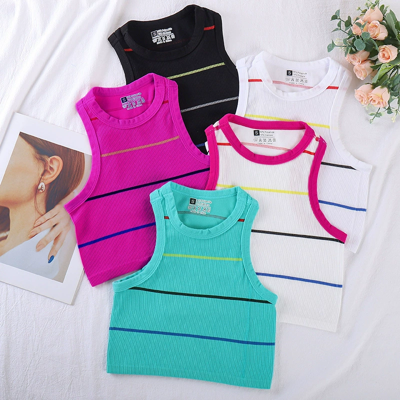 Трансграничный ретро американский цветной трикотажный жилет в полоску женский летний нижний топ