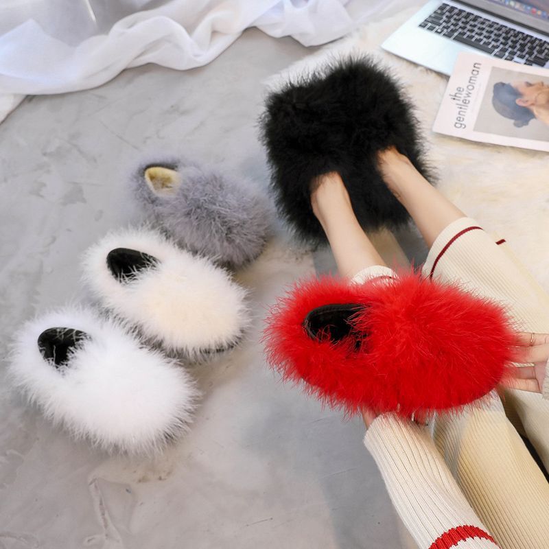 Autumn and Winter New Women's Shoes with Fur, Ostrich Feathers, and Plush Lining, Thick-Soled Shallow Slip-On Shoes, Flat Casual Shoes, Trendy Autumn and Winter New Women's Shoes with Fur, Ostrich Feathers, and Plush Lining, Thick-Soled Shallow Slip-On Shoes, Flat Casual Shoes, Trendy