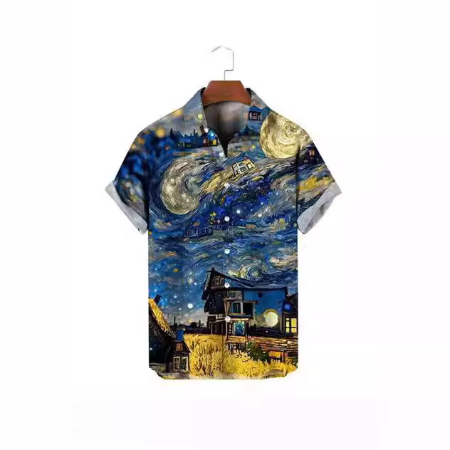 Summer European and American New Men's Shirt 3D Print Van Gogh Art Shirt Oil Painting Multicolor Casual Lassel Shirt