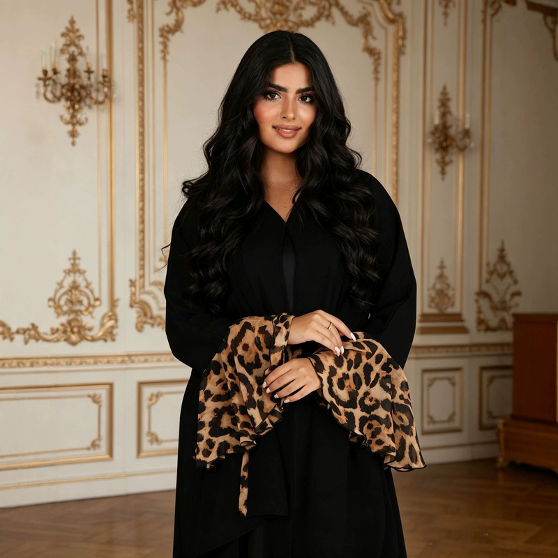 Nida Modest High-End Fashion Leopard Print Ruffle Decorated Dress Cardigan Jacket + Headscarf Two-Piece Set Factory