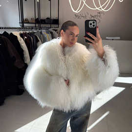 欧美风皮草人造毛保暖外套短款滩羊长毛街头开衫夹克女冬Fur coat