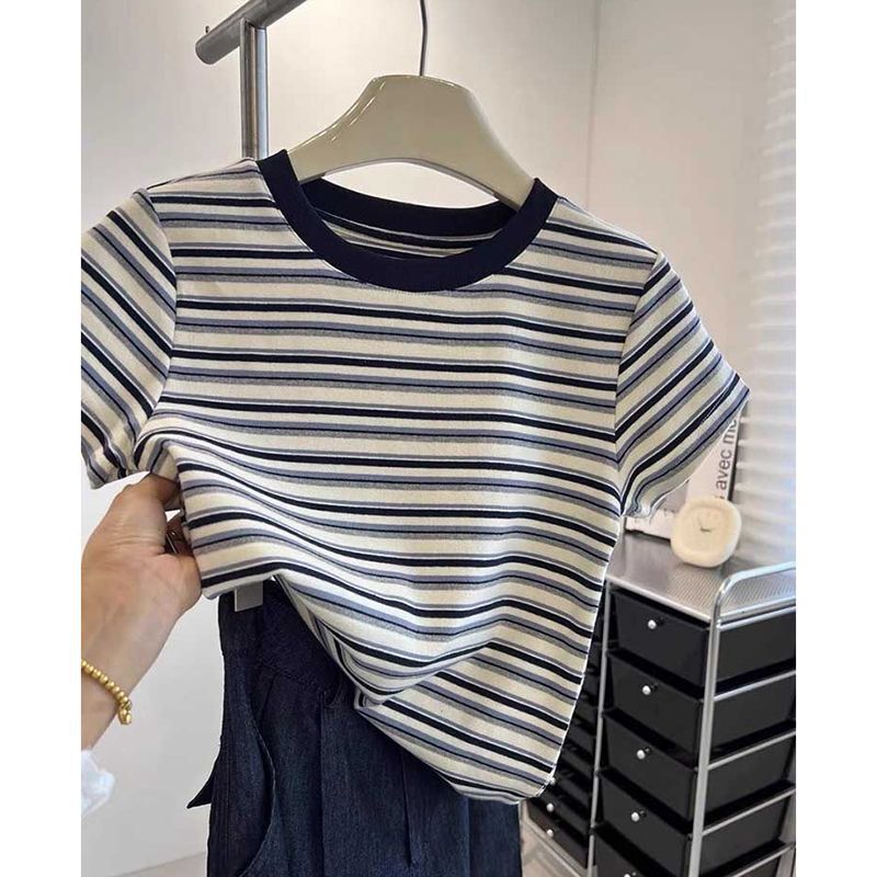 2025 New Style Straight Shoulder Color-Block Striped Pure Cotton Short-Sleeve T-Shirt Women's Retro Fashion Versatile Trendy Top Summer 2025 New Style Straight Shoulder Color-Block Striped Pure Cotton Short-Sleeve T-Shirt Women's Retro Fashion Versatile Trendy Top Summer