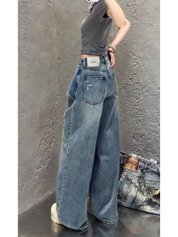 复古假两件高腰破洞阔腿牛仔裤女秋季新款宽松显瘦直筒休闲拖地裤|undefined